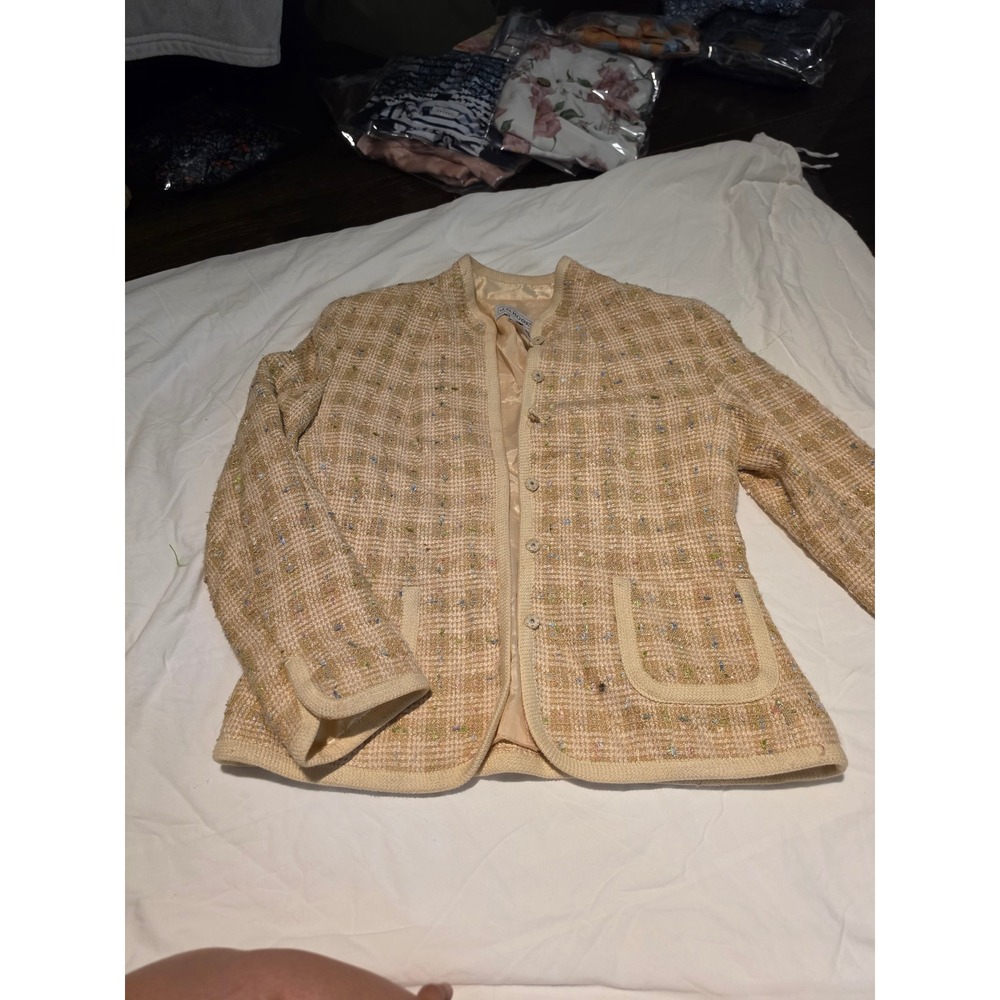 JG Hook Vintage Pastel Tweed Metallic Blazer Jacket Size 8 Peach Cream Gold